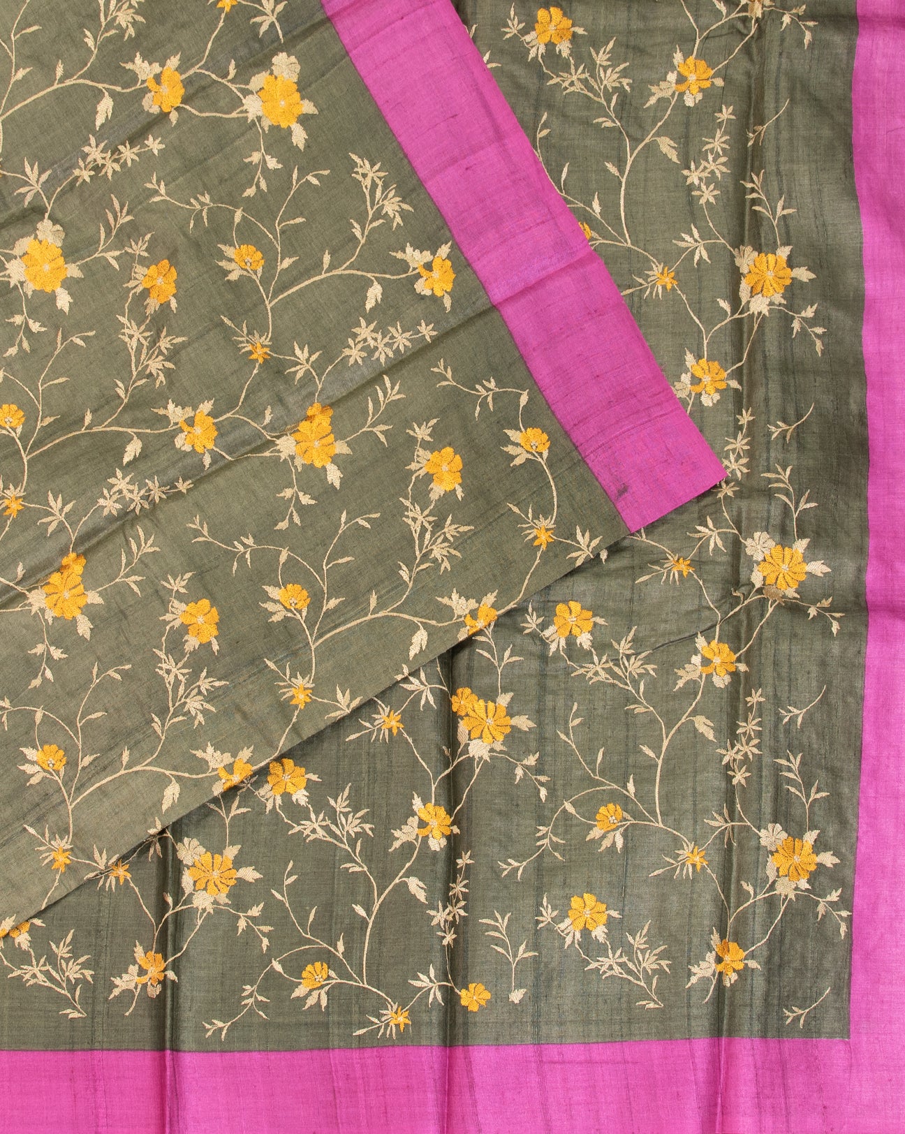 Military Green Tussar Silk Saree - swayamvara silks