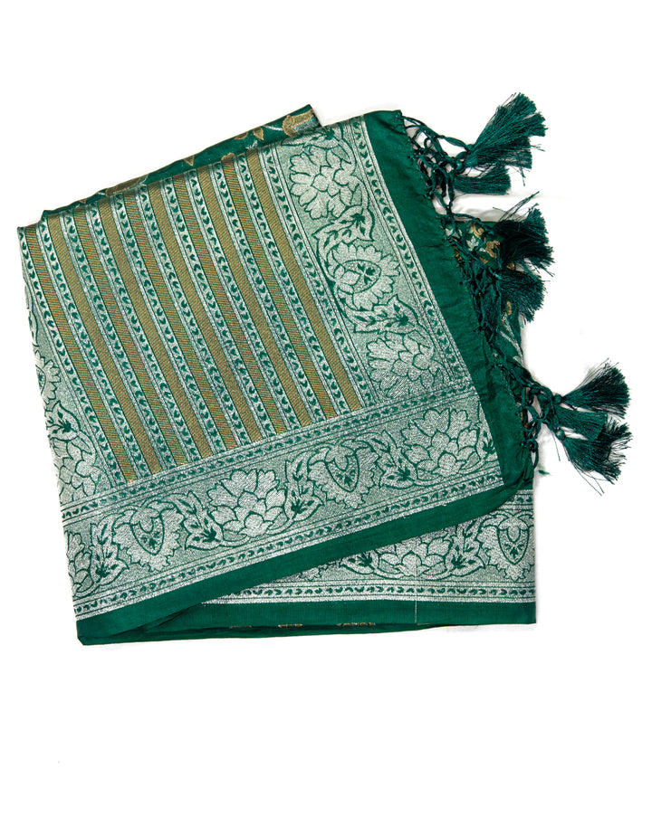 Leaf Green Semi Banarasi Saree - swayamvara silks