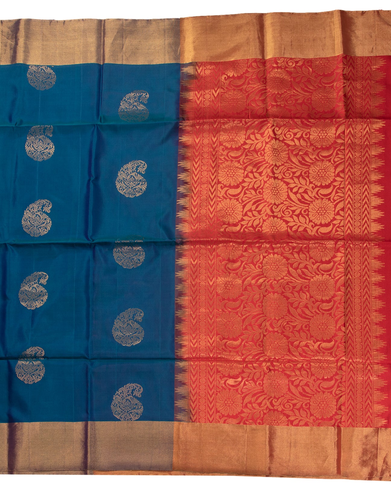 Peacock Blue Kanchipuram Silk Saree Golden Zeri Elegance