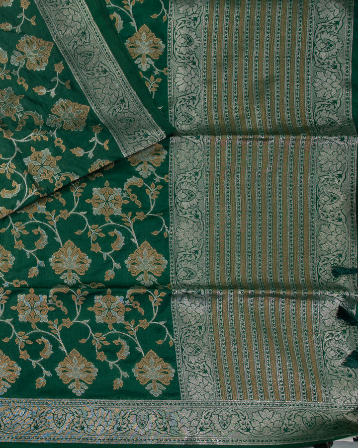 Leaf Green Semi Banarasi Saree - swayamvara silks